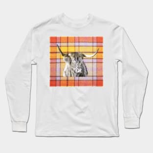 Tartan Highland Cow in Black and White Long Sleeve T-Shirt